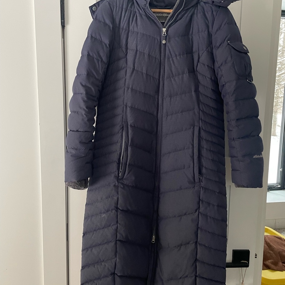 Eddie Bauer Long Quilted Puffer Coat in Navy